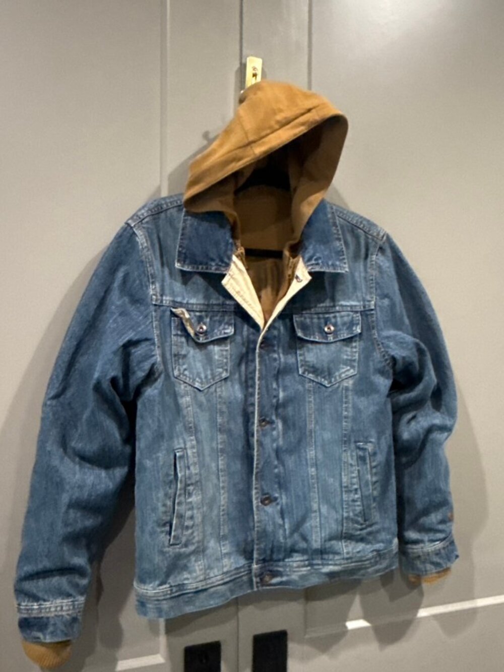Hawke & Co Outfitter Raw Denim Jean Jacket W/Zip Out Hoodie Liner Size 18/20
